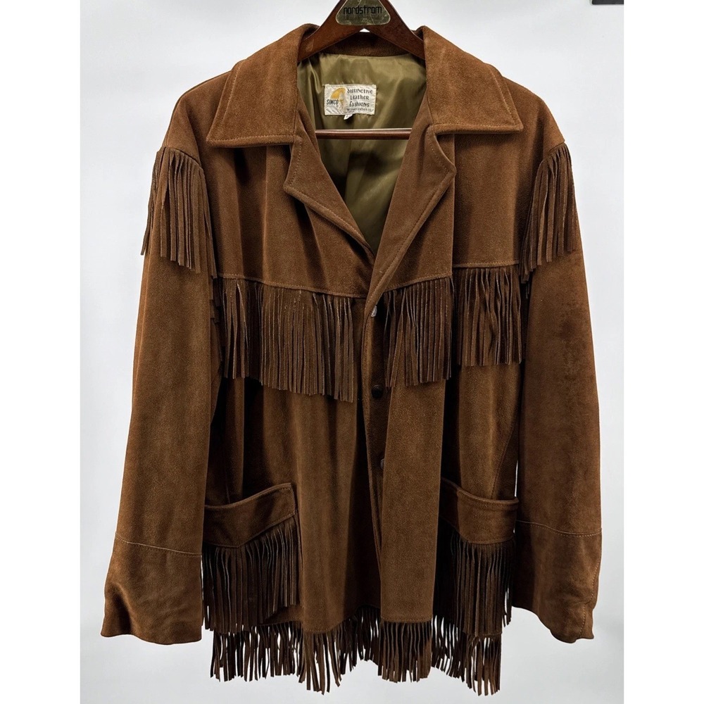 Vintage Simco Suede Jacket 44 Brown Fringe Western Lined Snap Hippie Boho Rodeo